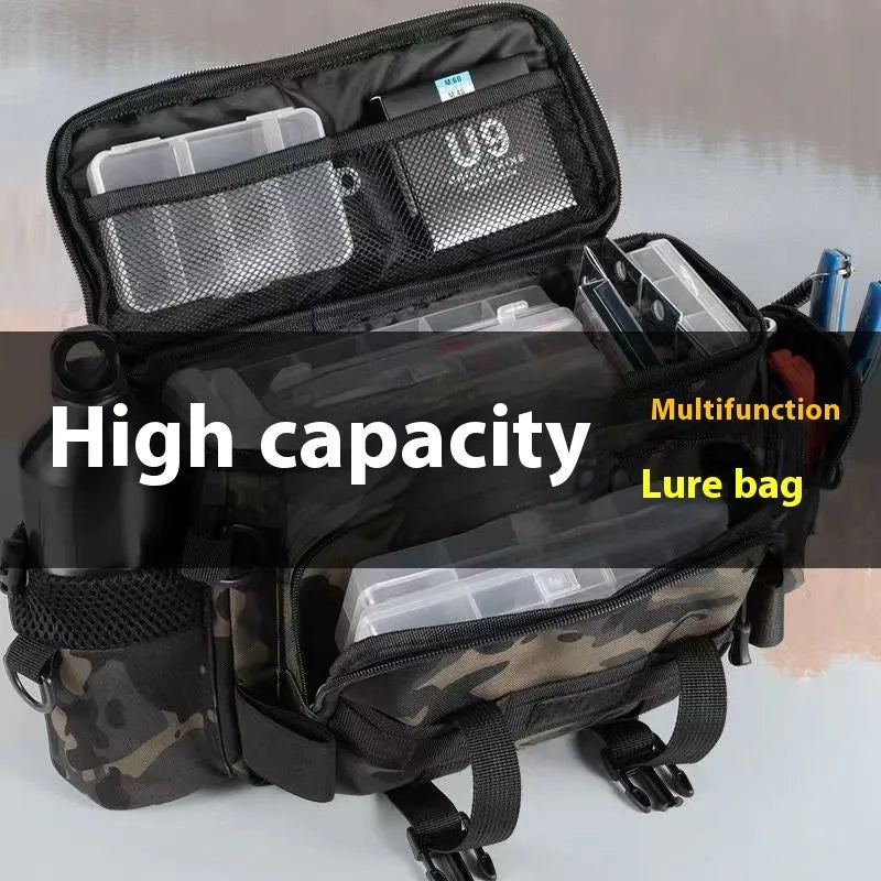 Luya crossbody multi functional fishing storage bag in Oxford cloth with camouflage pattern and multiple compartments.