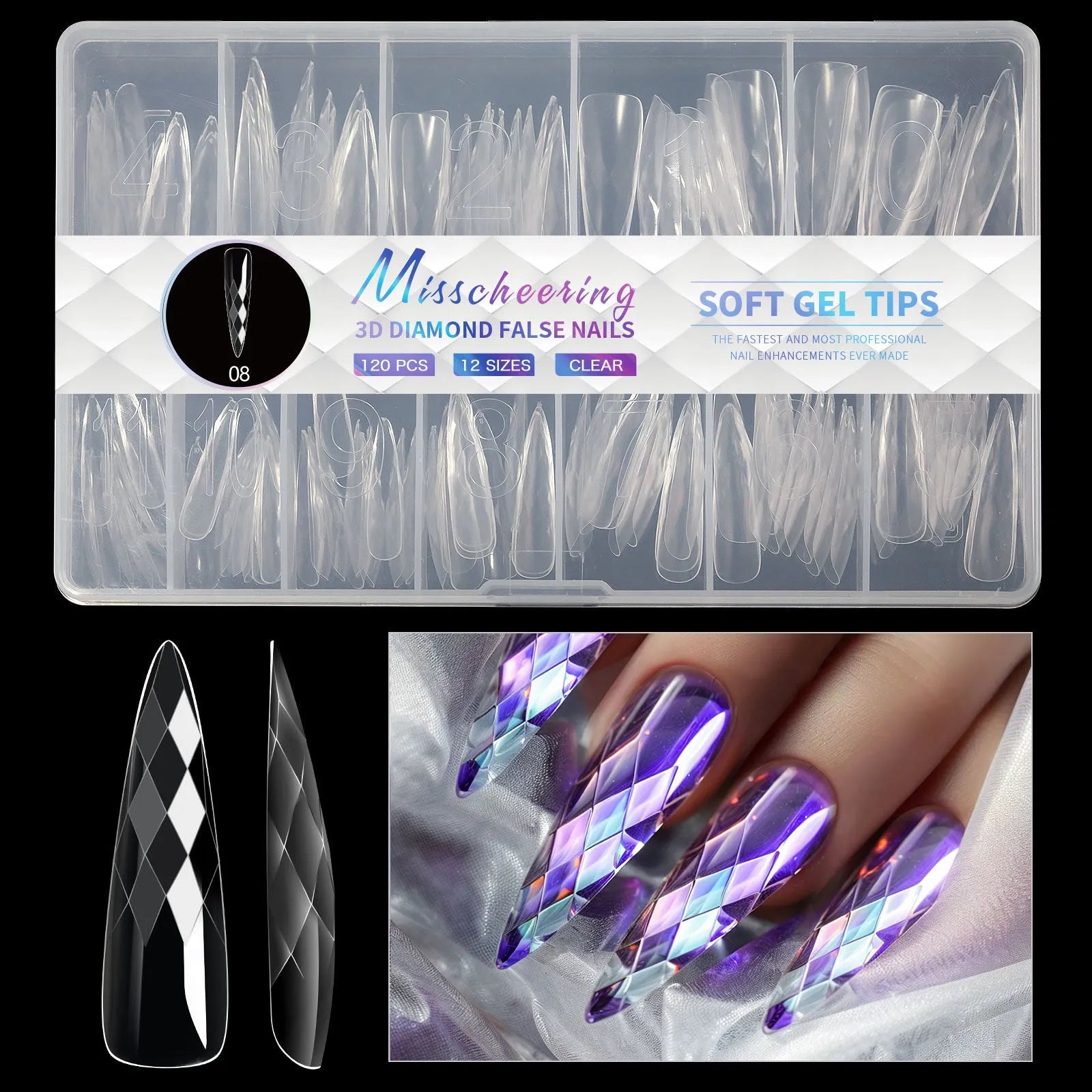 3D diamond design long nail tips in twelve colour variations, 120-140 pieces per box