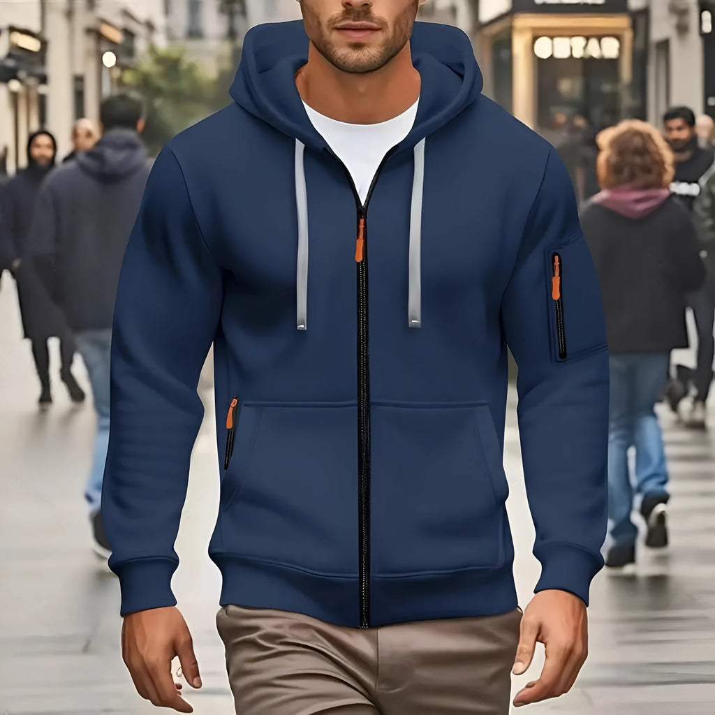 Men's zip-front hooded cardigan coat with wool lining in Army Green colour