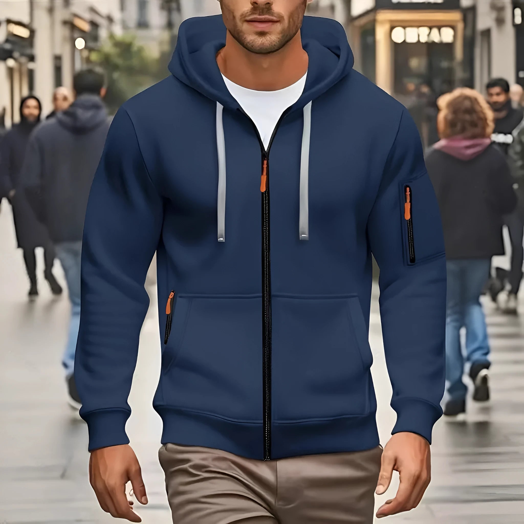 Men's zip-front hooded cardigan coat with wool lining in Army Green colour