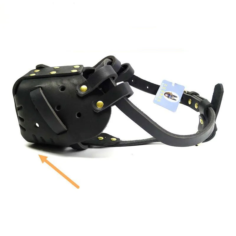 Black cowhide dog muzzle for medium and large dogs with basket design, sizes L and M