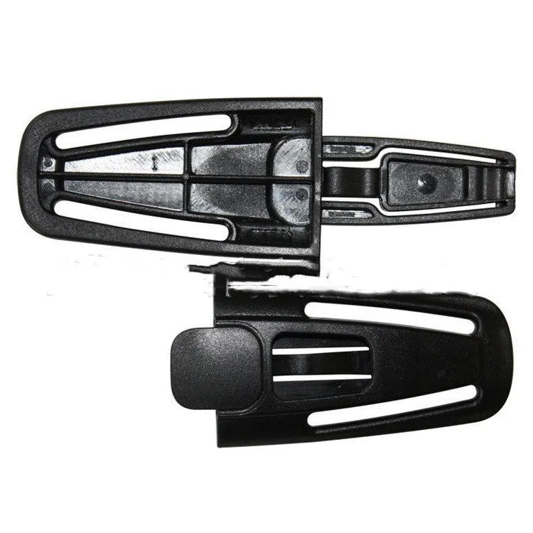 Black nylon child car seat harness buckle lock button measuring 14.5 by 4 centimetres.