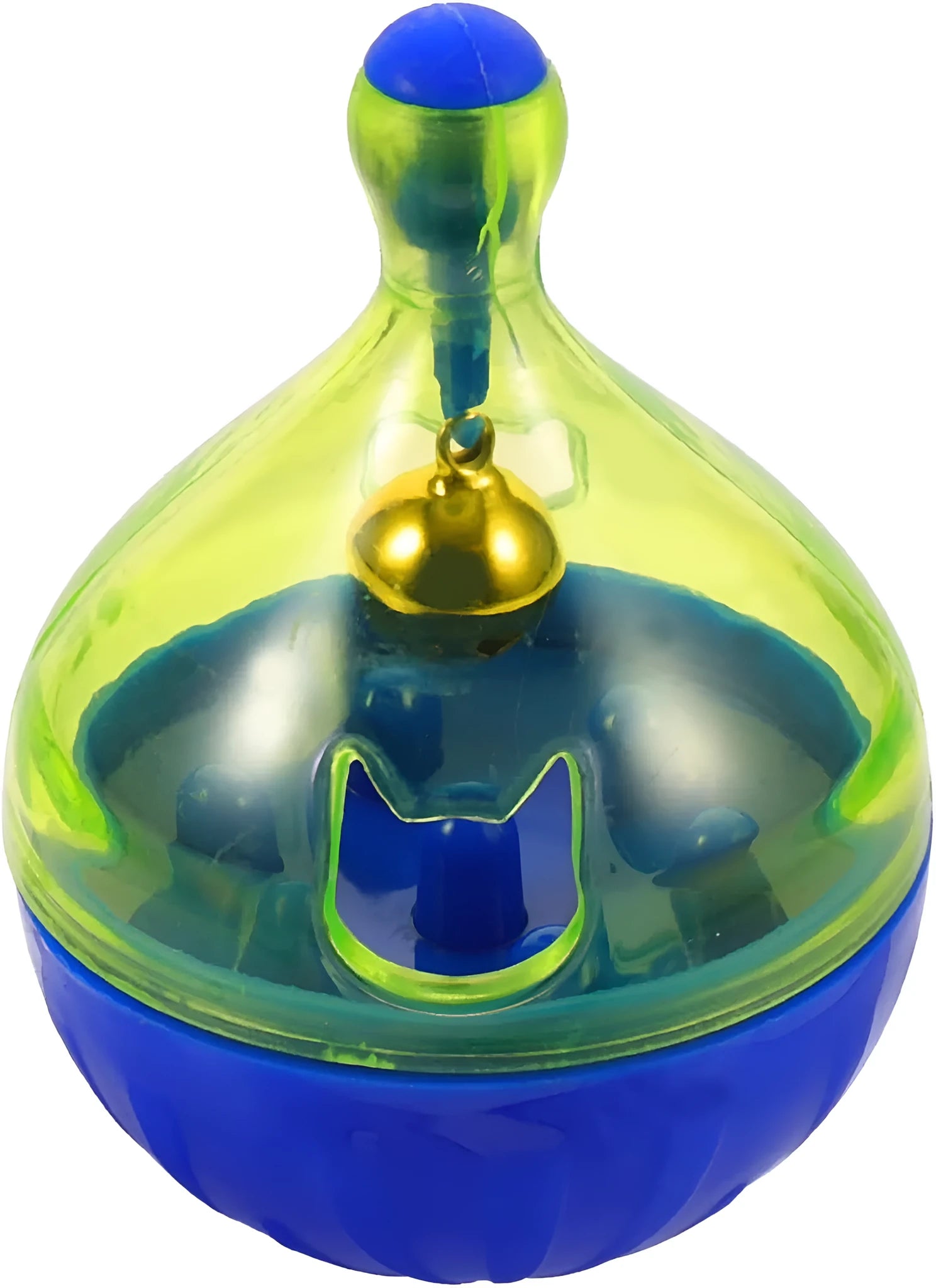 Blue and white tumbler-shaped pet toy for dispensing dog or cat treats during play.
