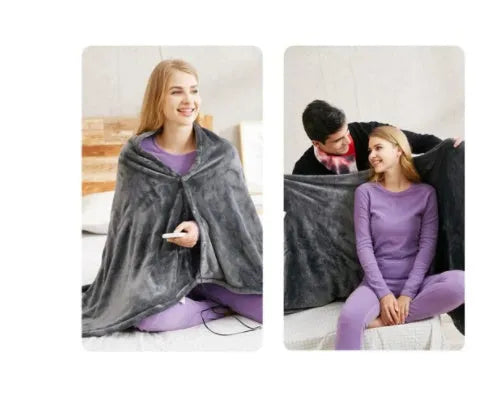 Grey coral fleece USB heated blanket showing carbon fibre heating elements and control button.