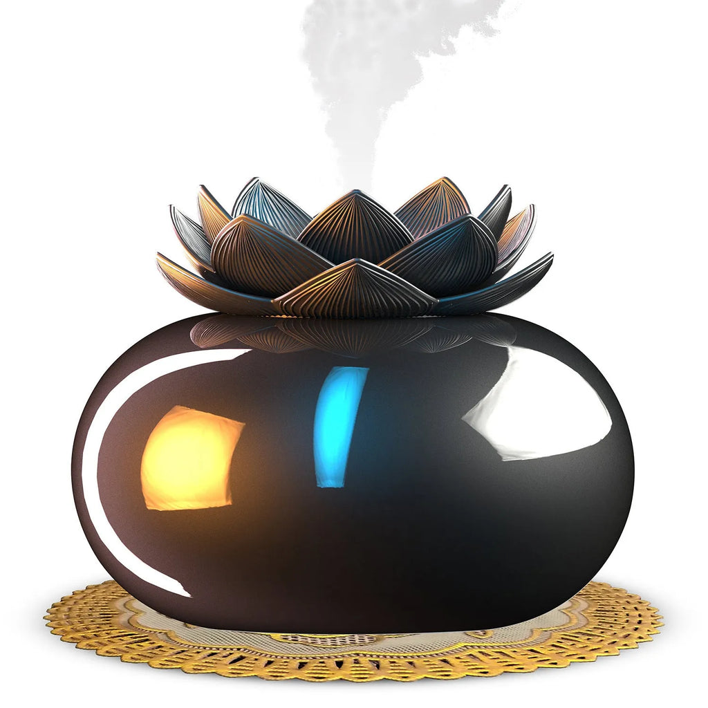 Pure black lotus-shaped USB aromatherapy humidifier with ceramic bowl on a table
