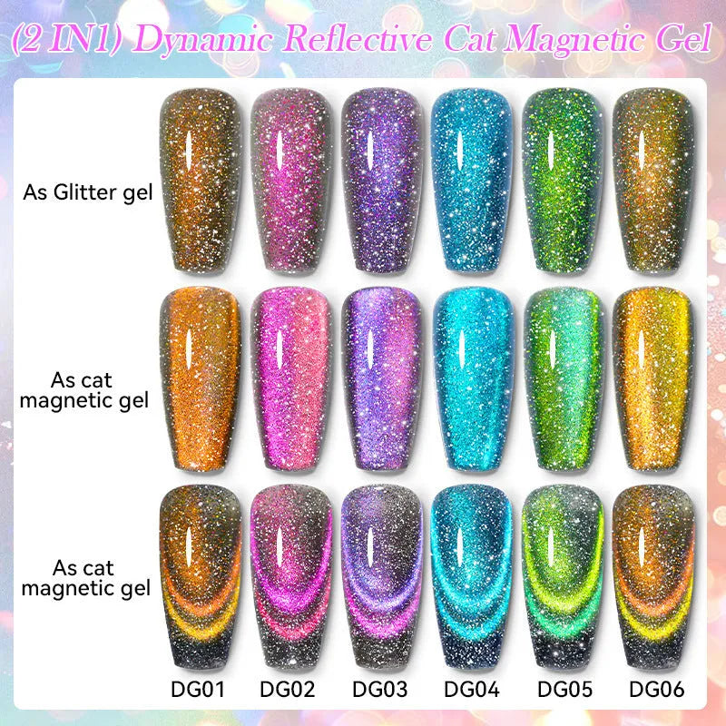 Cat Eye series UV nail polish gel bottle with diamond glitter fragments in six colour options including nail glue
