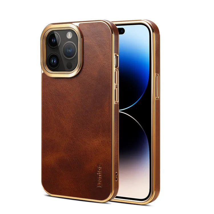 Handmade brown leather iPhone case showing textured finish and slim profile.