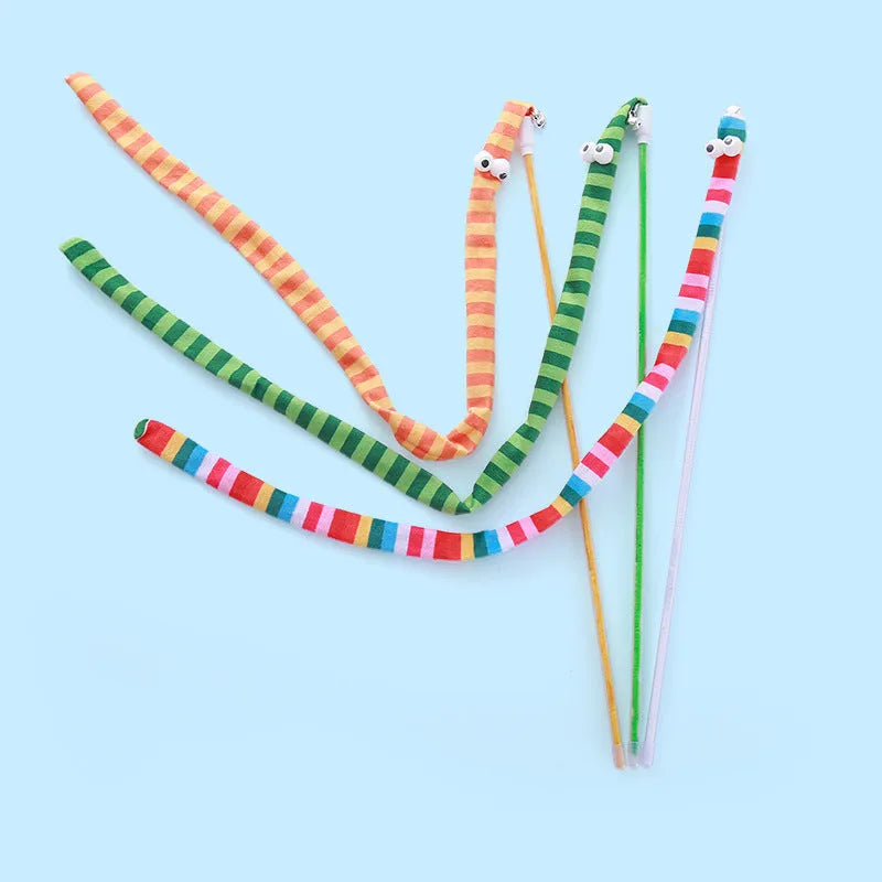 Cat wand toy with polycarbonate pole and long plush strip in vibrant colours