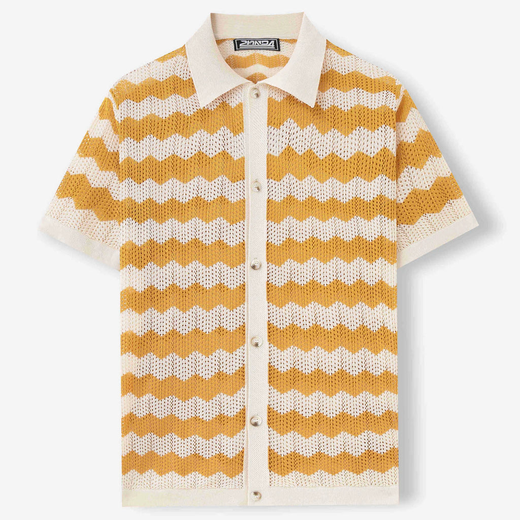 Short sleeve corrugated sweater in Tencel viscose with a textured hollow jacquard and flocked finish.