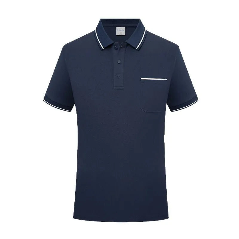 Man wearing a light apricot lapel polo shirt with short sleeves and a chest pocket.