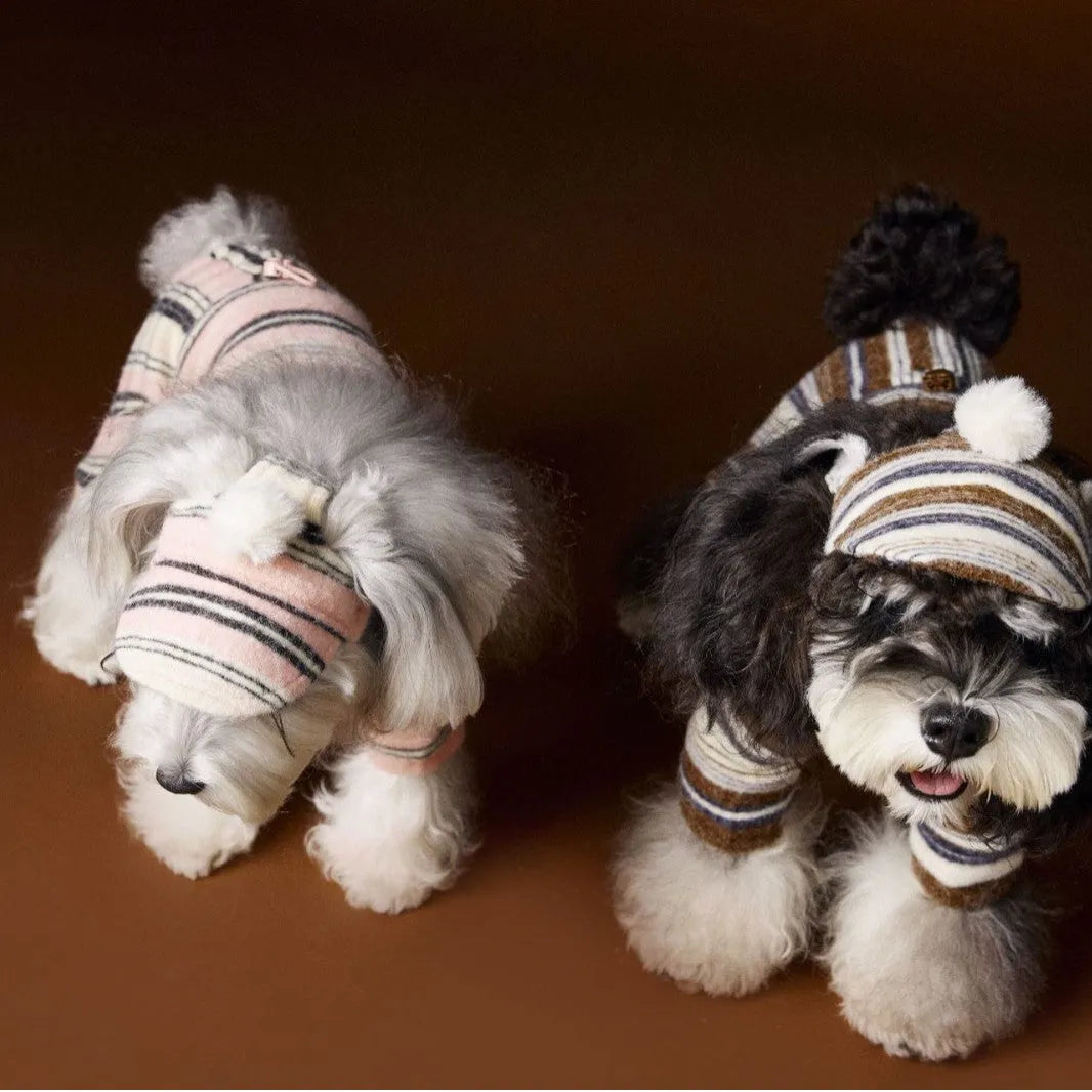 Striped acrylic dog hat with fur ball detail in pink or coffee, shown in small medium or large size