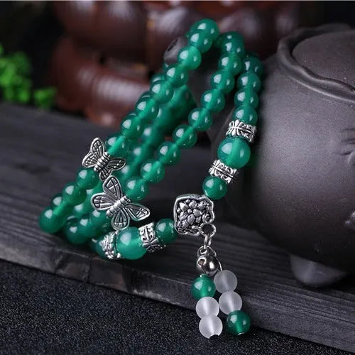 Green agate multi-layer bracelet with three circle strands and adjustable chain closure