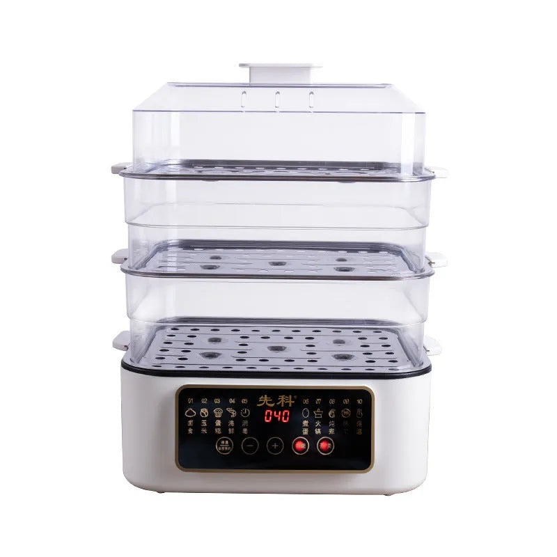 28 litre capacity electric kitchen steamer with stainless steel rack on a worktop.