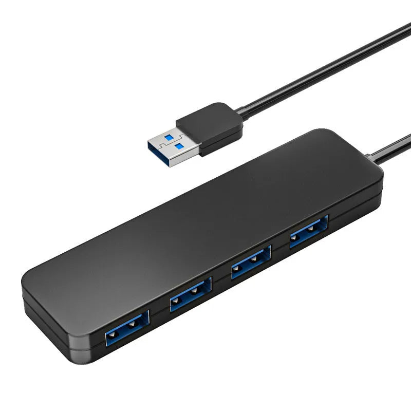Black USB 3.0 hub with four ports, LED indicators, and a 30cm connection cable.