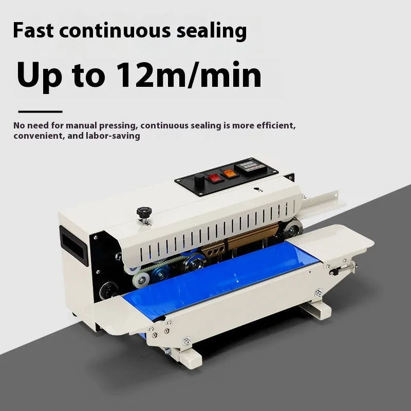 Mini manual hand-held sealing machine with steel date stamp for small plastic bags.