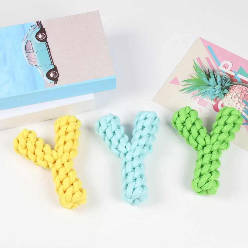 Blue Y-shaped cotton rope dog chew toy for large dogs shown with measurement scale