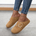 Women's brown closed toe canvas slippers with low top design showing size options