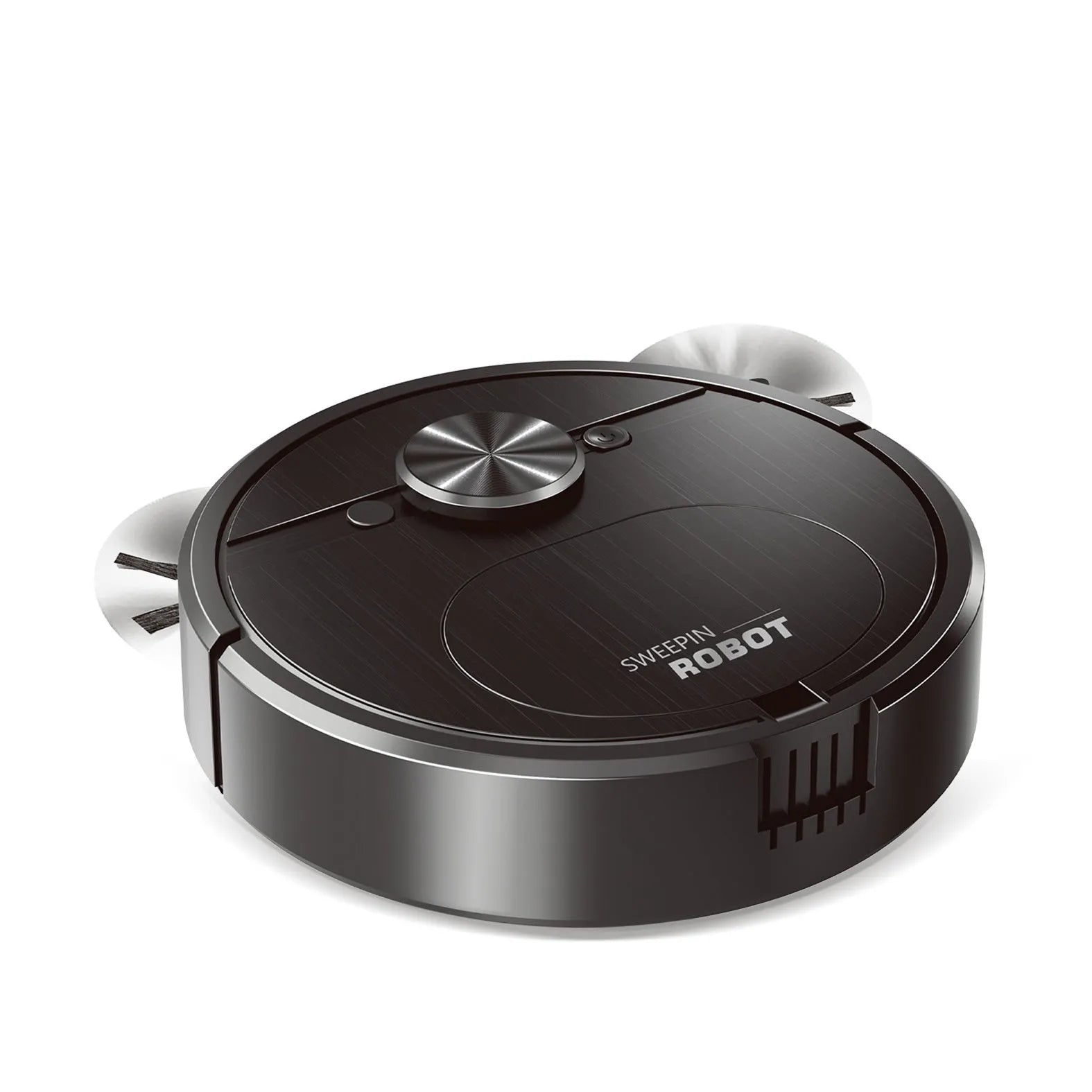 Black and white robotic vacuum cleaner with USB charging port and water tank for mopping
