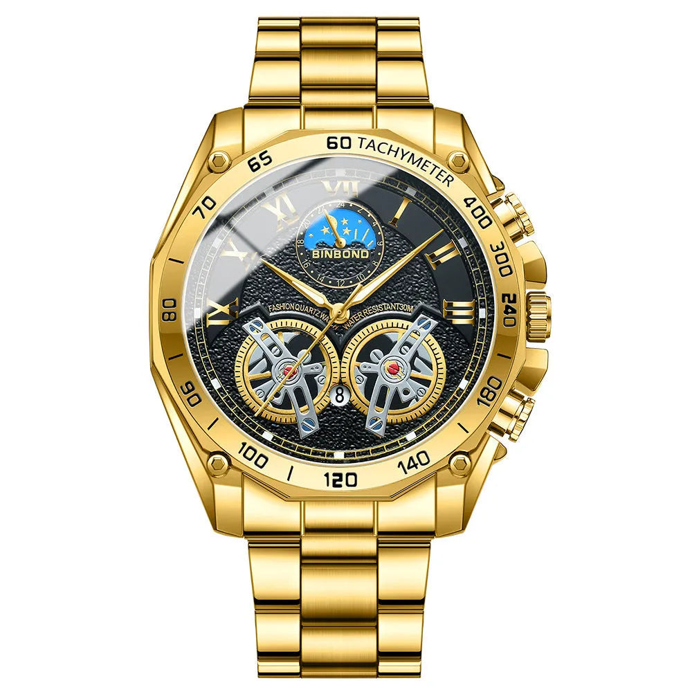 Men's double mechanical hollow watch with multi-function sub-dials, available in gold and black finishes