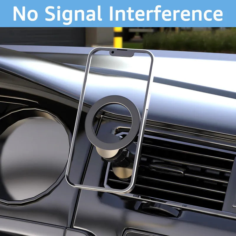 Black magnetic car phone holder mounted on vehicle air vent