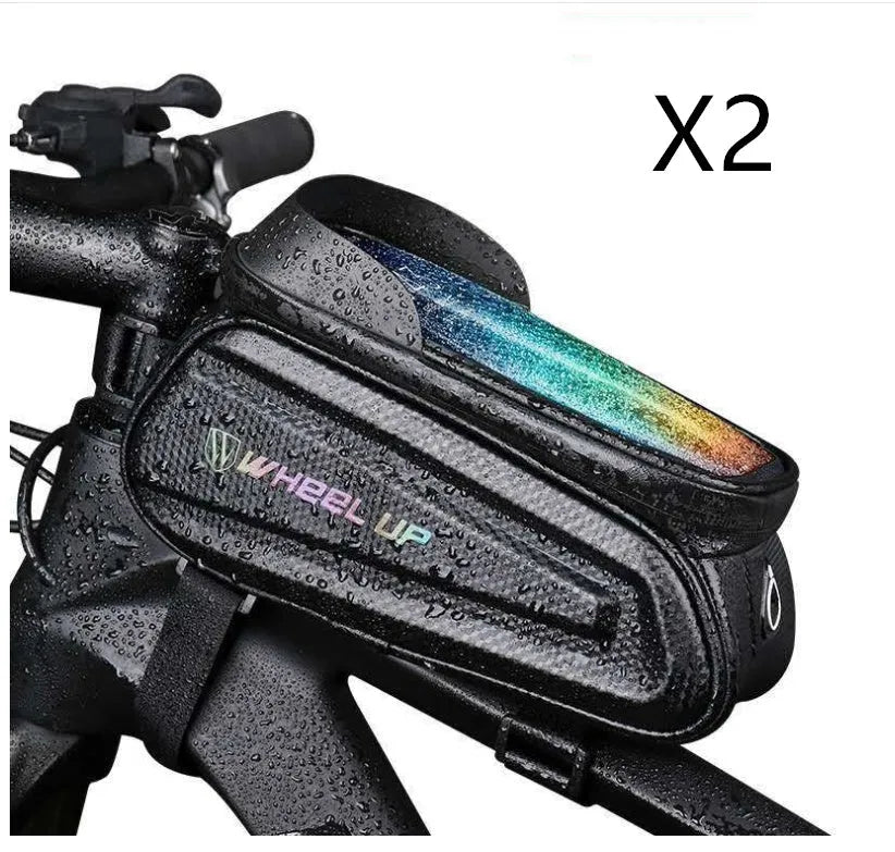 Black grey EVA bicycle phone bag with touchscreen window and reflective straps mounted on mountain bike frame