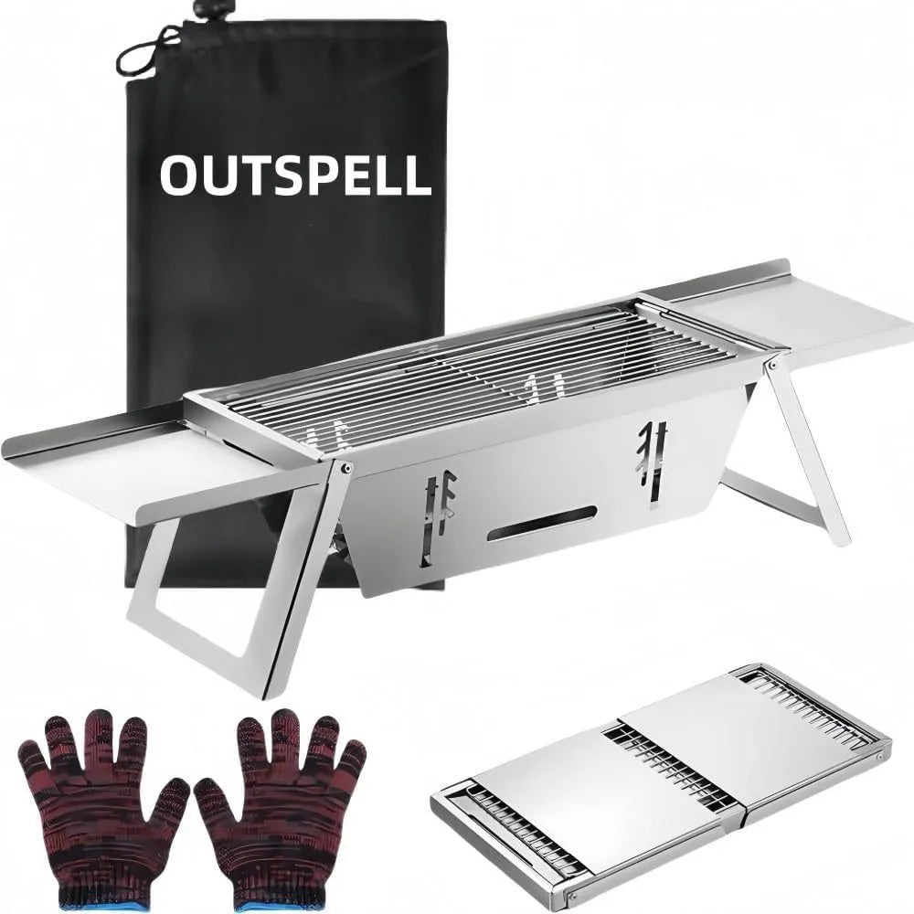 A small, foldable portable charcoal grill for outdoor cooking.