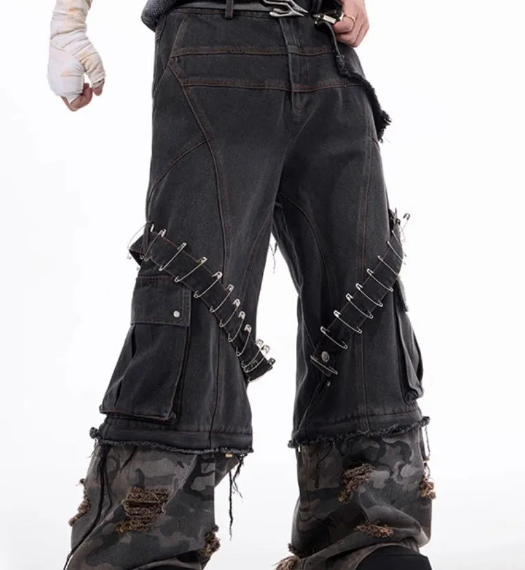 Men's grey camouflage splicing jeans with decorative pin and ribbon details