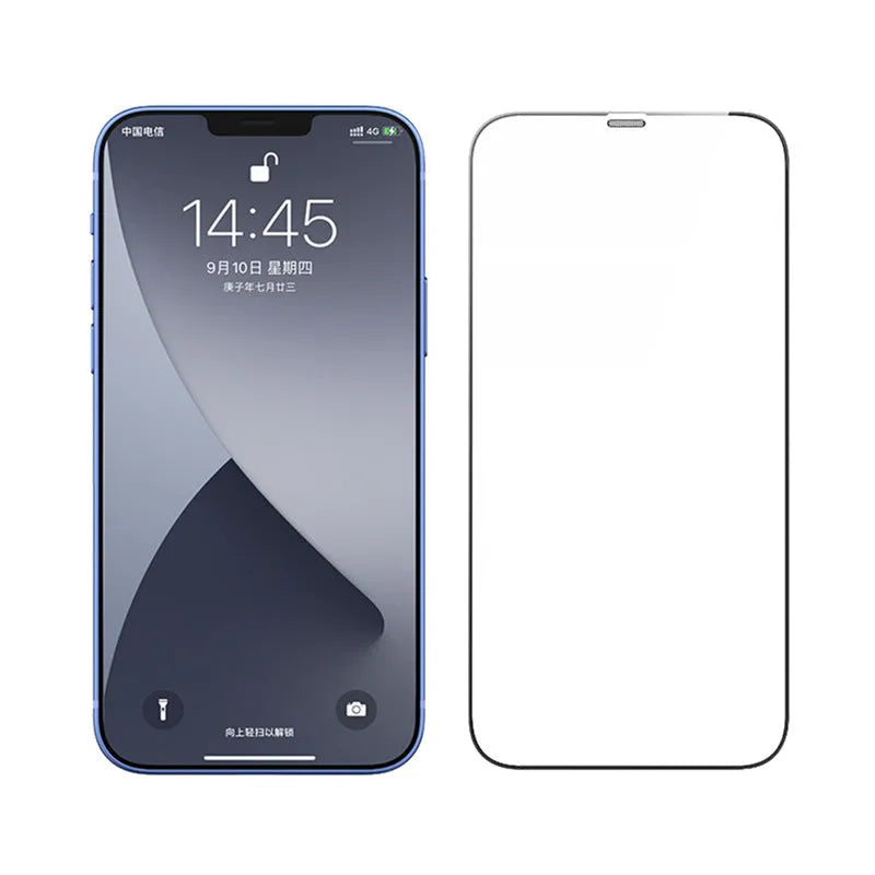 Tempered glass anti-peep screen protector for iPhone shows dust-proof mesh and cutout for camera