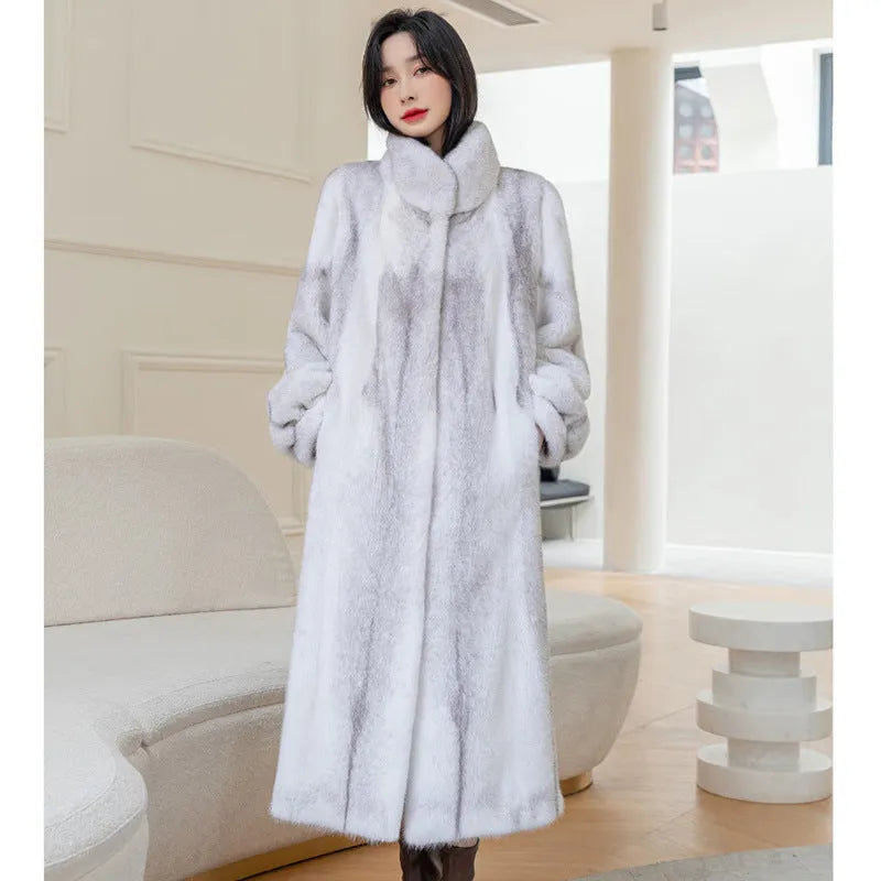 Women's long white faux fur coat with stand-up collar showing front view
