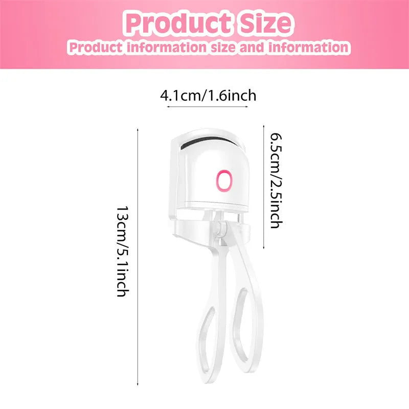 White heated eyelash curler with USB charging cable and two temperature modes, compact 41 x 65 x 130mm size