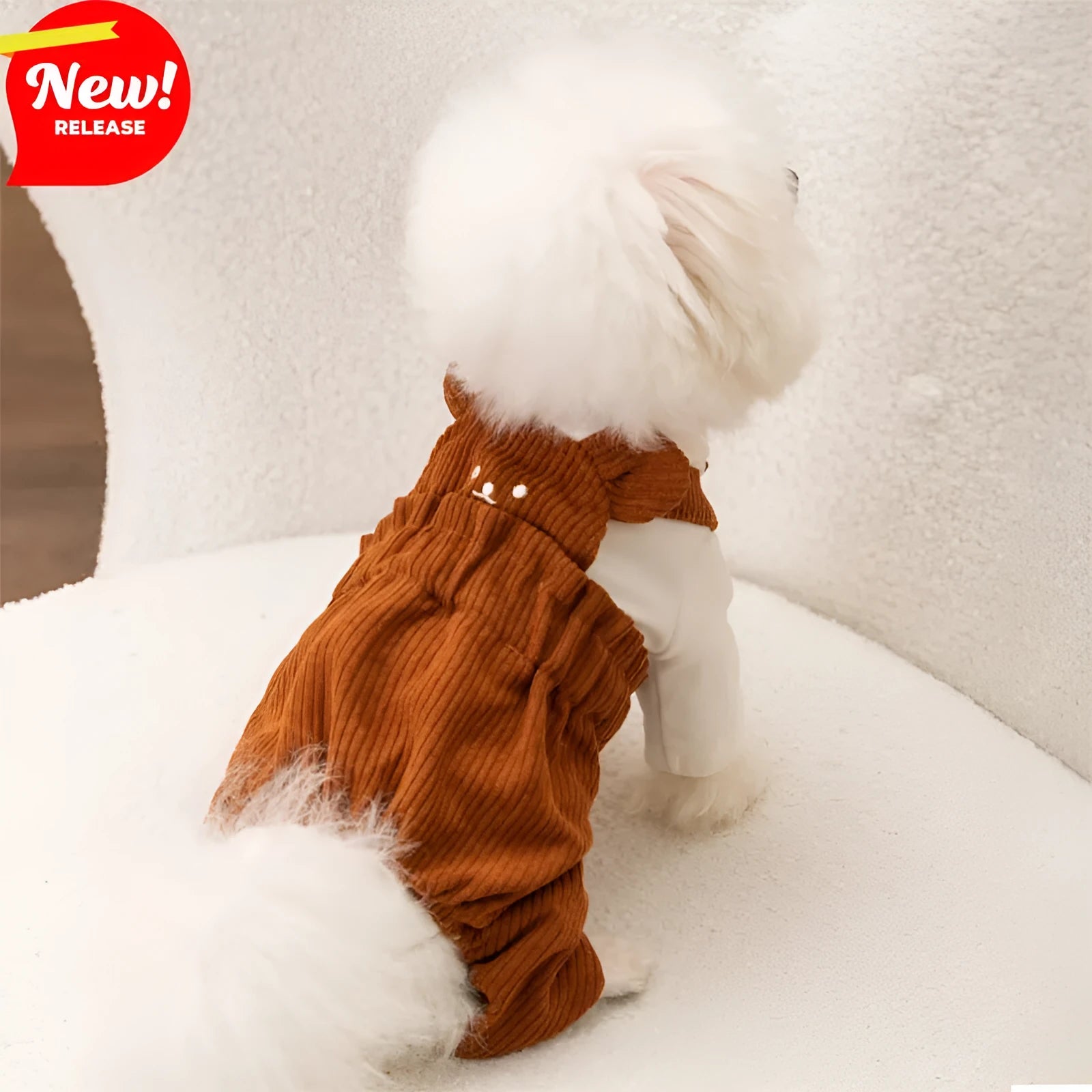Brown corduroy four-legged pet overalls with bunny back detail for small dogs, front view