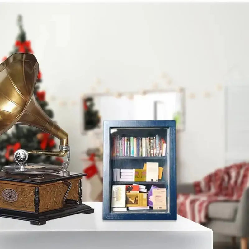 Mini wooden anti-anxiety bookshelf ornament with 60 mini books, 10x8x5cm, for desktop decor.