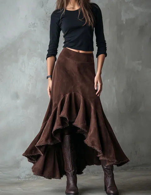 Western Brown polyester maxi skirt with high-low hemline and ruffle detailing