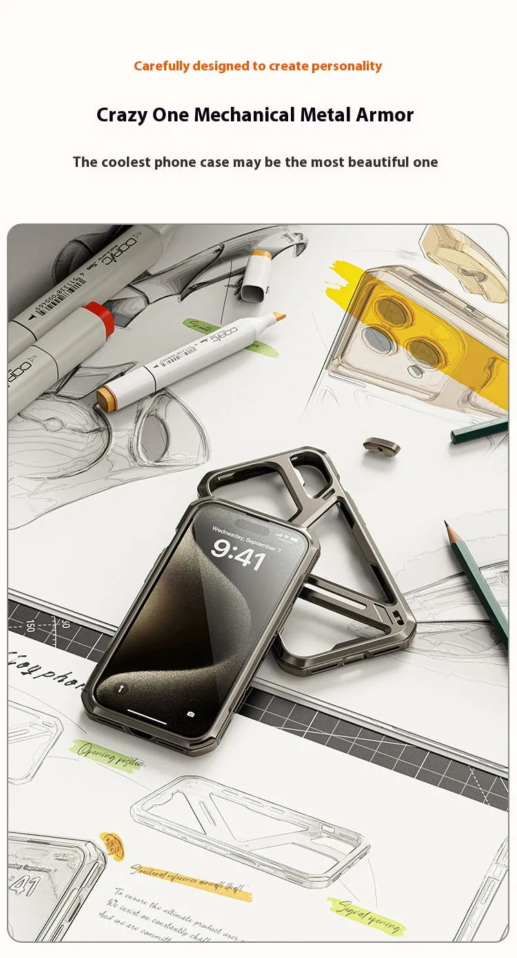 Titanium Gray metal phone case with hollow back for iPhone 14 Pro Max, half pack style