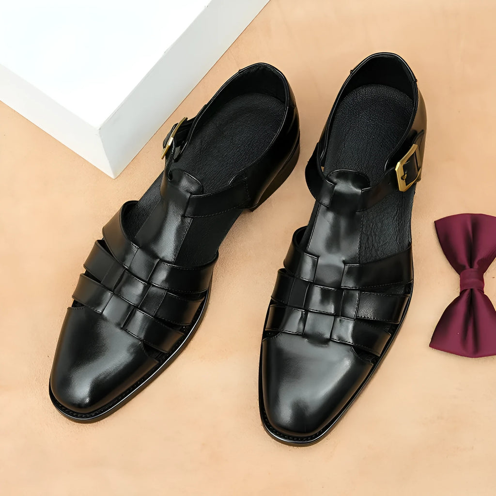 Men's black genuine leather sandals with pigskin lining and rubber sole