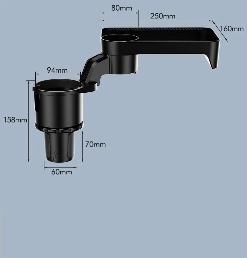 Black ABS plastic car cup holder with a 360-degree rotating base and an attached flat dinner plate.