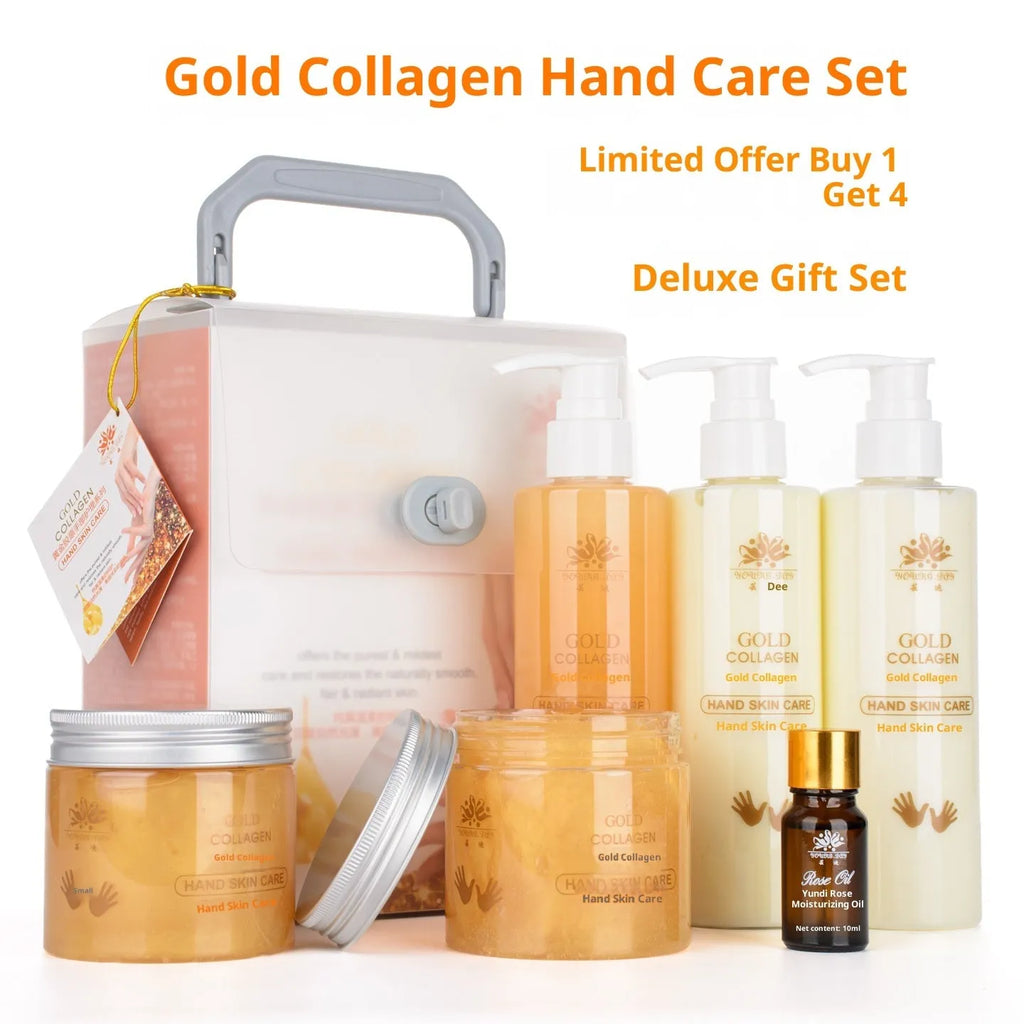 Gold Collagen Hand Care Set with seven products including hand cleansing gel, scrub gel, massage cream, hand mask, hand cream, and rose essential oil