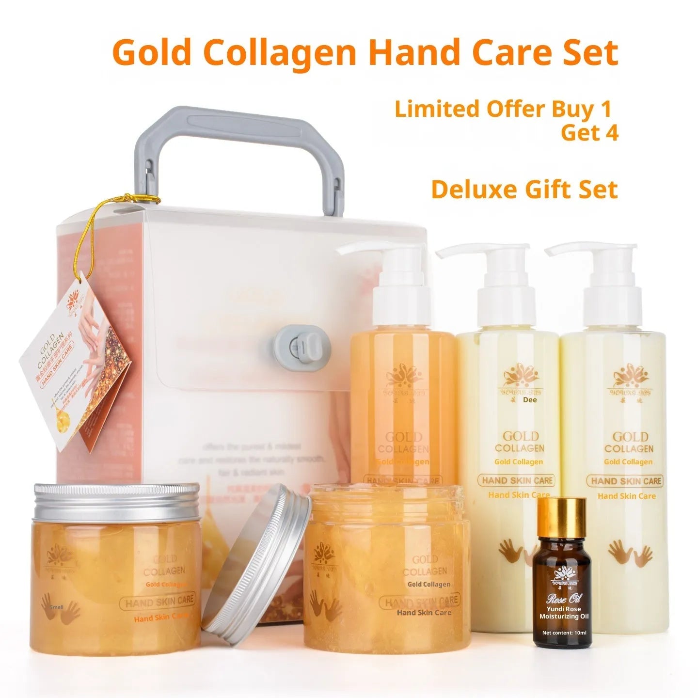Gold Collagen Hand Care Set with seven products including hand cleansing gel, scrub gel, massage cream, hand mask, hand cream, and rose essential oil