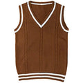 Women's slim fit V-neck acrylic sweater in wine red with striped stitching detail on the front.