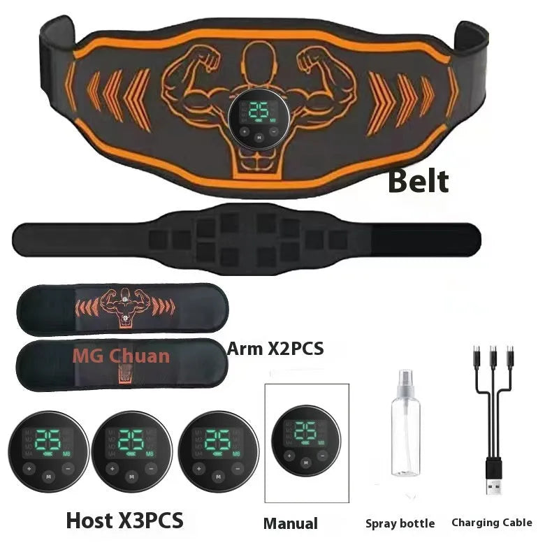 Smart EMS massage fitness belt set with blue host and electrodes on a grey background