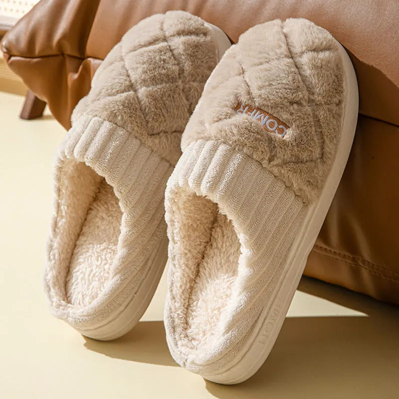 Solid rhombic letter home slippers in thickened artificial plush with EVA non-slip sole and car stitching detail