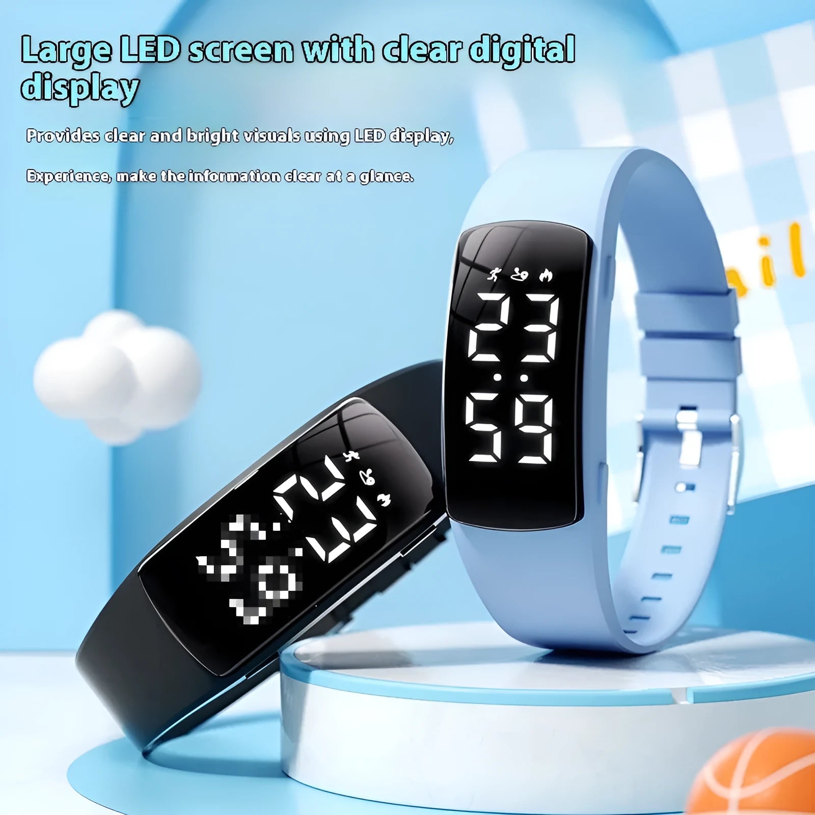Smart waterproof vibration alarm watch with LED display on a silicone strap, shown in multiple colour options.