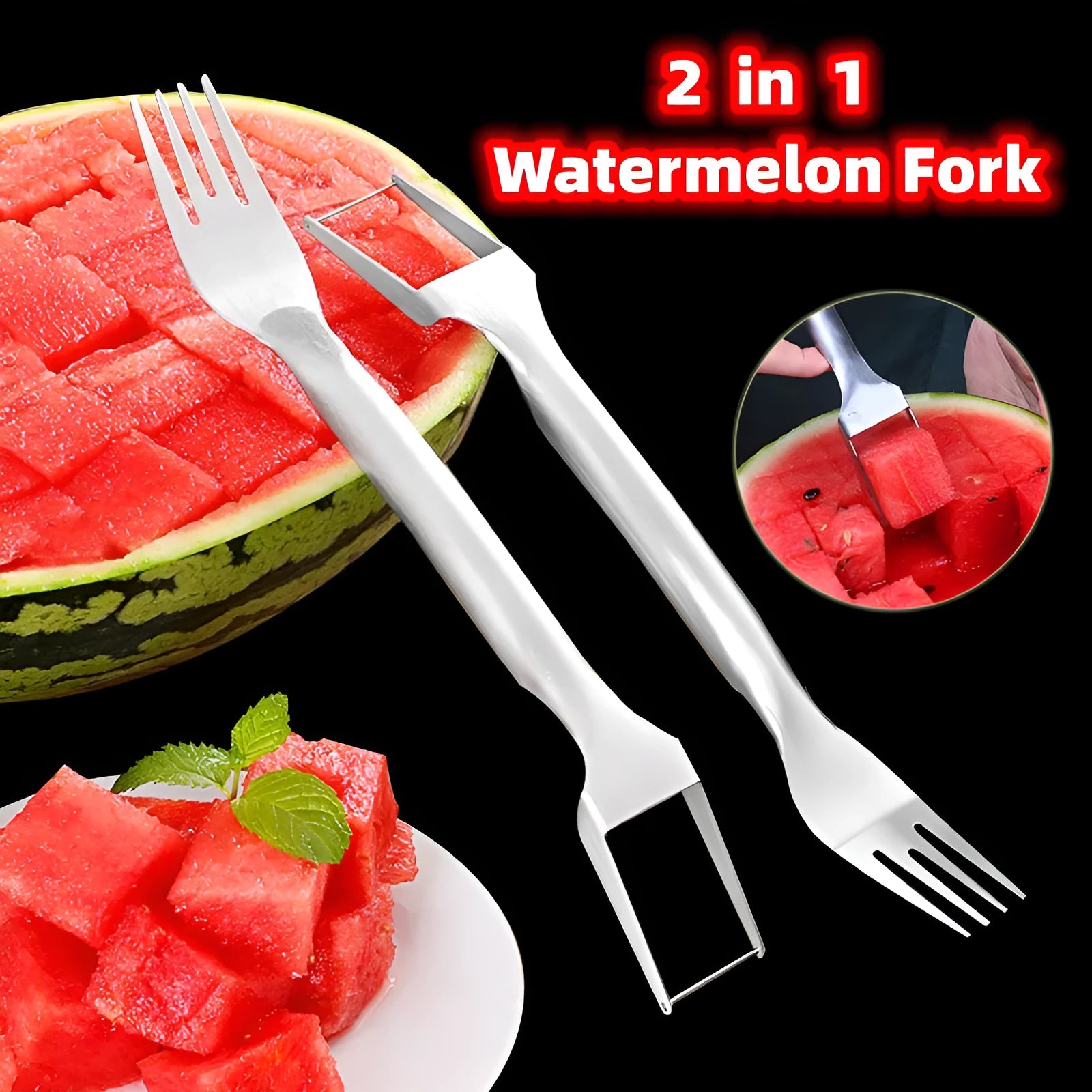 Stainless steel watermelon slicer and fork tool on a kitchen surface