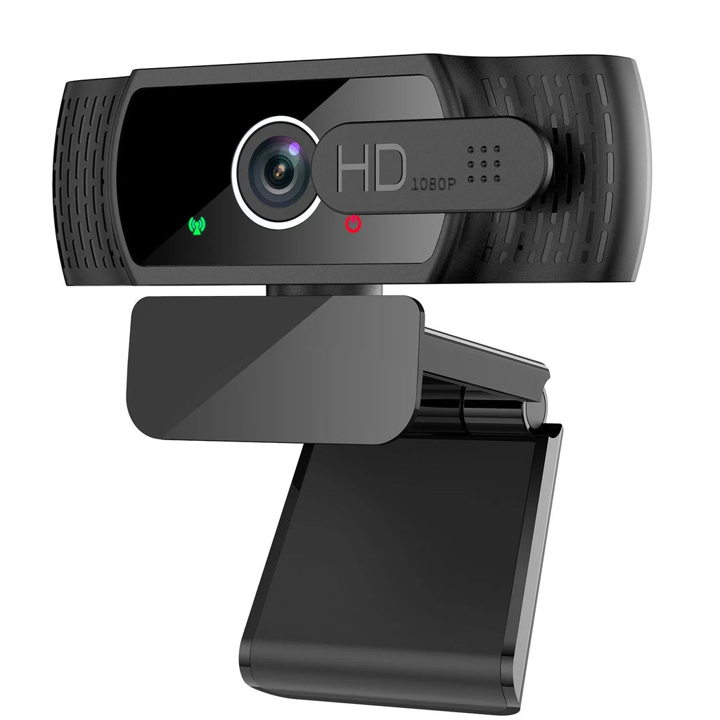 Black USB webcam with built-in microphone and adjustable clip for laptop or monitor.