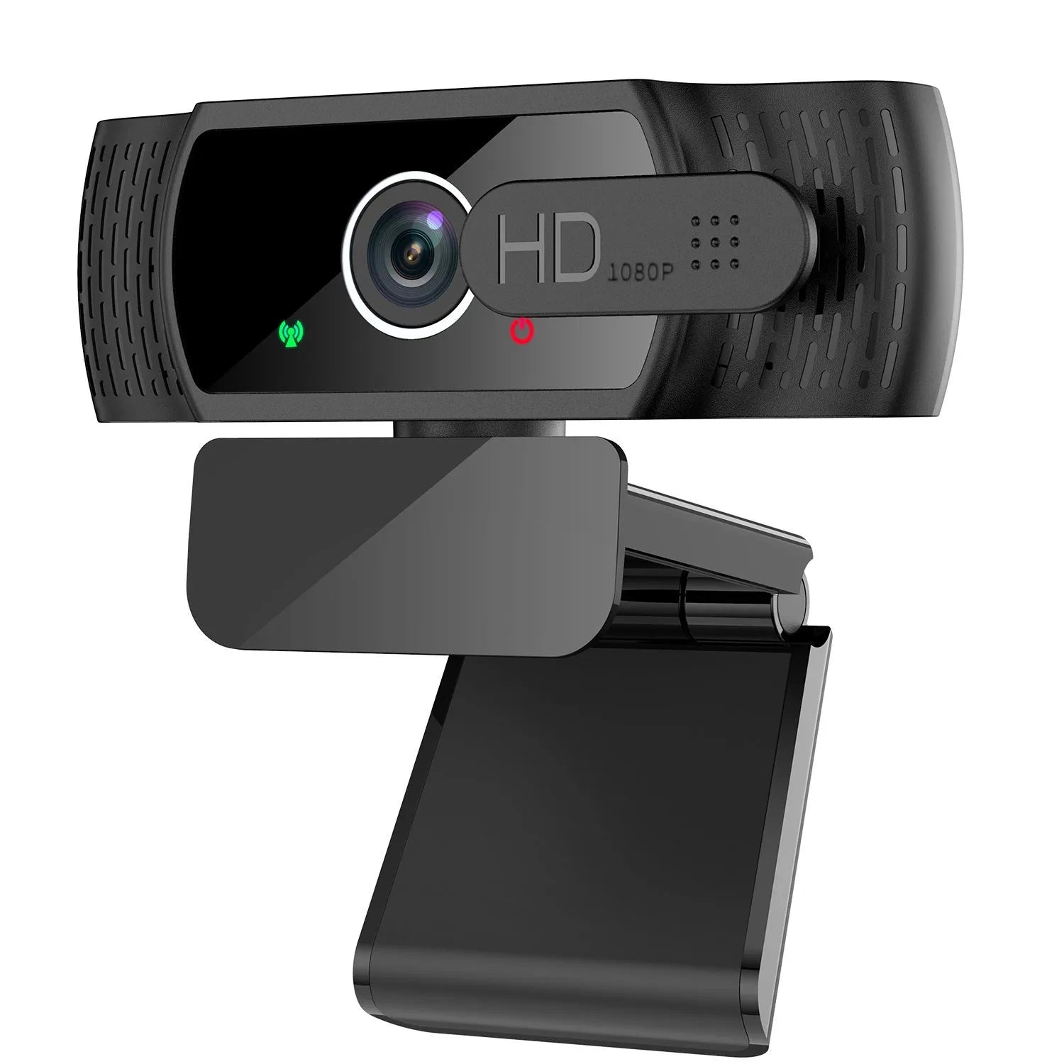 Black USB webcam with built-in microphone and adjustable clip for laptop or monitor.