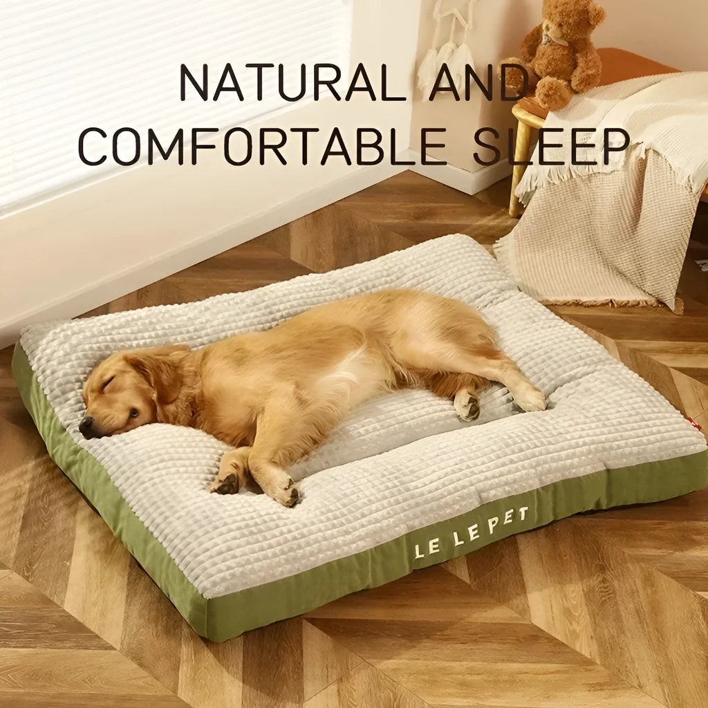 Warm dog bed with removable fleece blanket in coffee colour showing size options M XL XXL XXXL