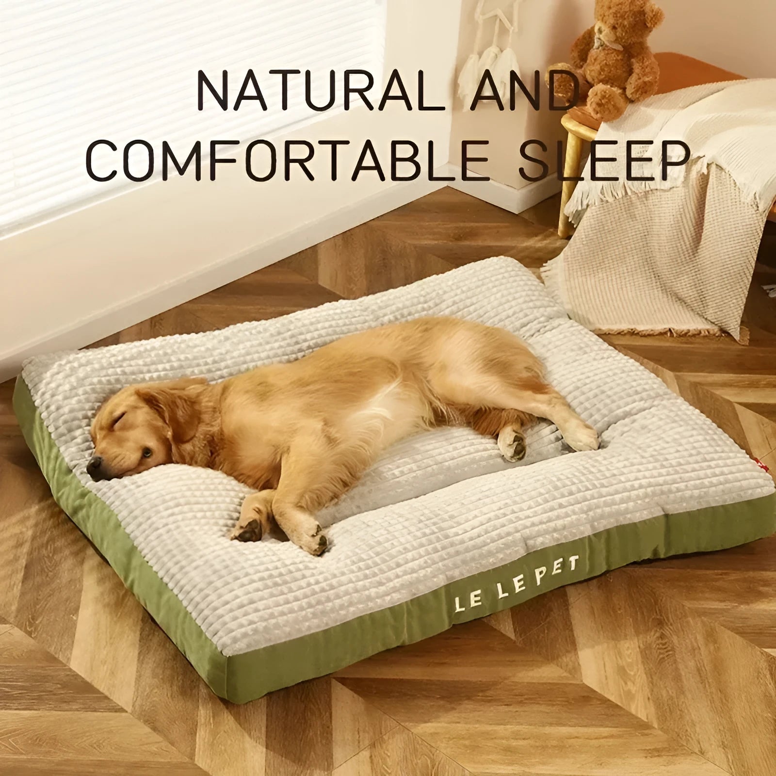 Warm dog bed with removable fleece blanket in coffee colour showing size options M XL XXL XXXL