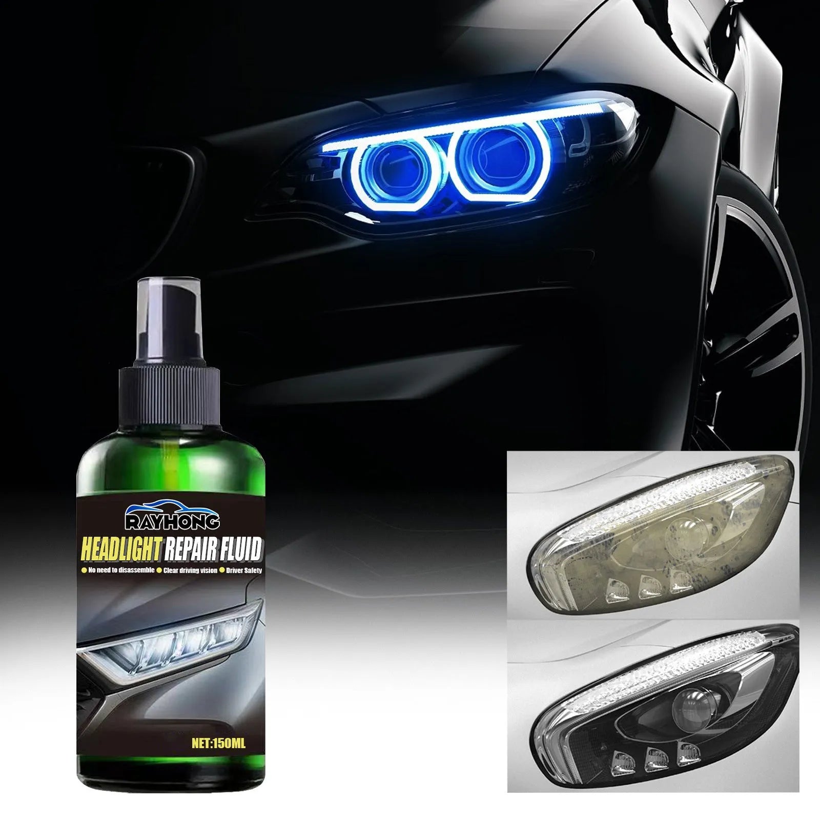 150ml bottle of car headlight repair liquid with applicator brush on a yellowed car lamp.