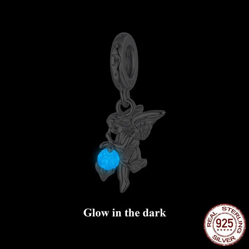 S925 sterling silver luminous angel pendant bead on a white background, showing 2.2cm height and 0.45cm aperture