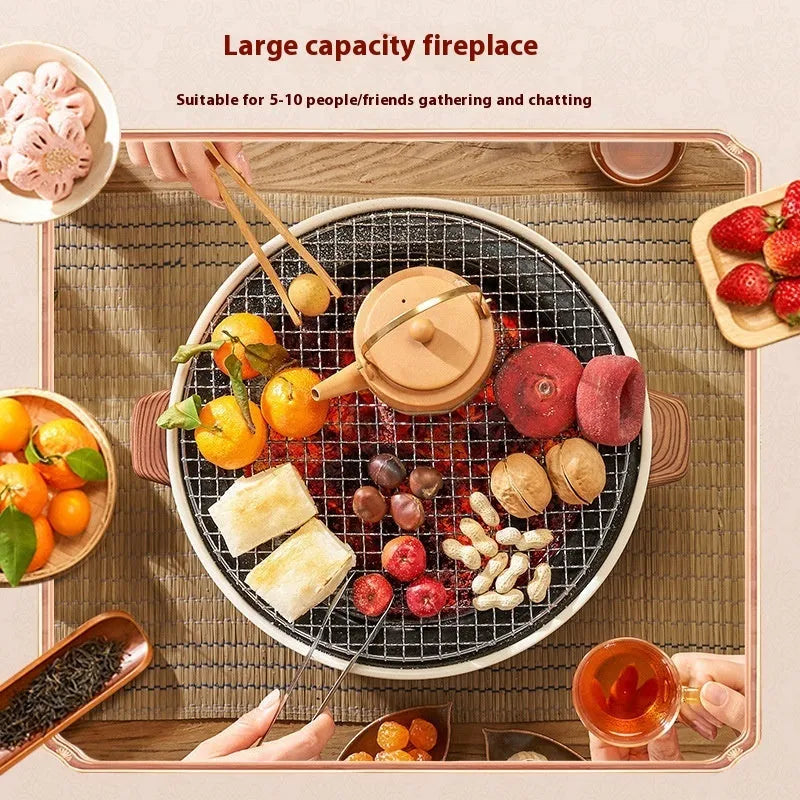 Portable multi-functional charcoal stove with grill rack disk for indoor and outdoor cooking.
